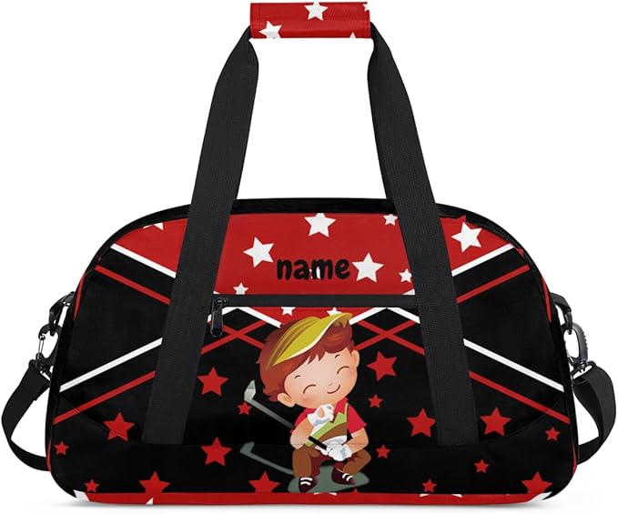 Custom Name Red Black Golf Boy Gym Travel Duffle Bag with Front Zipper Pocket Personalizedfor Sports Bag for Overnight, Weekender, Carry On,Workout & Dance, 18.9 * 8.7 * 10.6 in