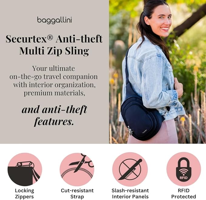 Baggallini Securtex® Anti-Theft Triple Zip Sling - Travel Backpack Sling Bag Crossbody - RFID Wallet Locking Zipper
