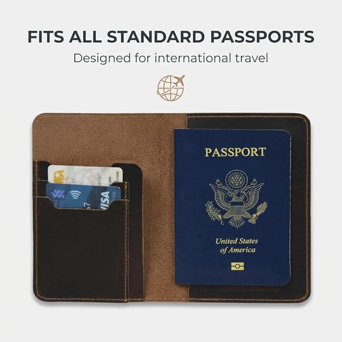 Rustique Leather Passport Holder Collection - Handmade Travel Wallet & Organizer - Full Grain Crazy Horse Leather Covers for Men & Women (Multiple Styles) (Vertical Wallet - Smoky Bourbon)