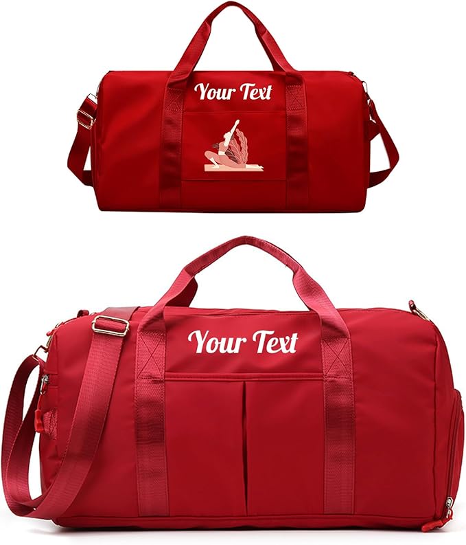 Custom Duffle Bag, Personalized Embroidered Sports Gym Bag for Women/Men, Travel Bag with Double-Sided Customization and Separate Wet and Dry Pockets and Shoe Bags-Red