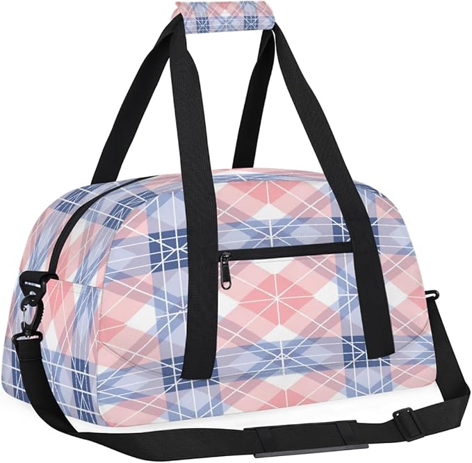 Sports Duffel Bags, Pink Blue Plaid Water-Resistant Gym Duffle Bag for Men Women, Lightweight Weekender Overnight Bag for Fitness, Workout, Travel