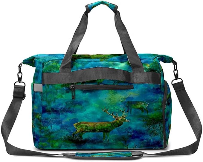 Ethereal Deer Blue Gym Bag for Women & Tennis Bag, Large Sports Duffel Bag Waterproof with Ventilated Shoe Compartment & Front Racket Sleeve, Lightweight Travel Weekender Overnight Bag