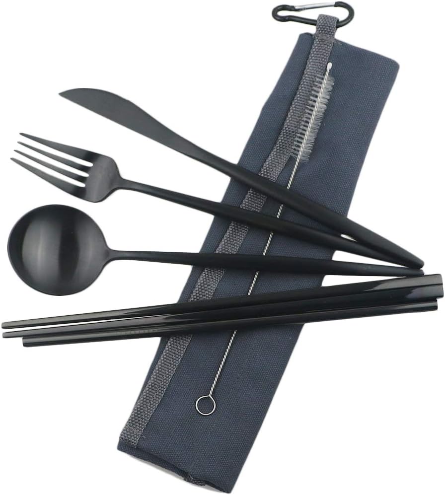 Gugrida Reusable Travel Utensils, 7 Piece Portable 304 Stainless Steel including Knife Fork Spoon Chopsticks Cleaning Brush Straws Portable Pouch, Eco-friendly Camping Silverware Set, Dishwasher Safe