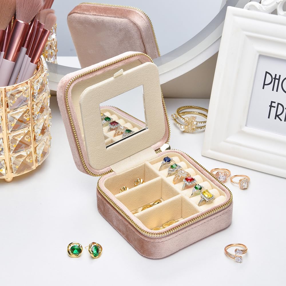 TAIMY Travel Jewelry Case,Small Plush Velvet Travel Jewelry organizer,Portable Mini Travel Jewelry Boxes for Rings Earrings Necklaces Bracelets(Blush Peach,with Mirror)