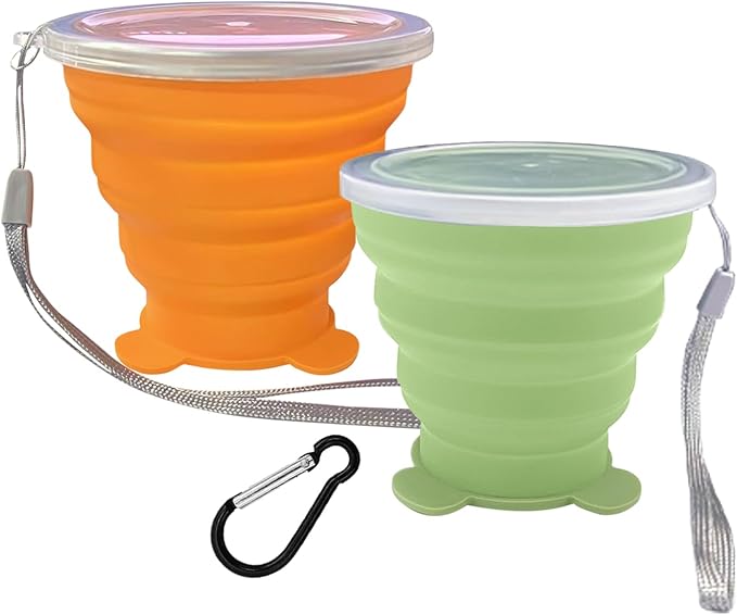 2 Pcs Collapsible Cups, Silicone Collapsible Travel Cup, Expandable Folding Camping DrinkingCup with Lids Reusable Small Portable Mugs-Cup for Travel, Camping, Hiking,Outdoor Sports (Orange&Green)