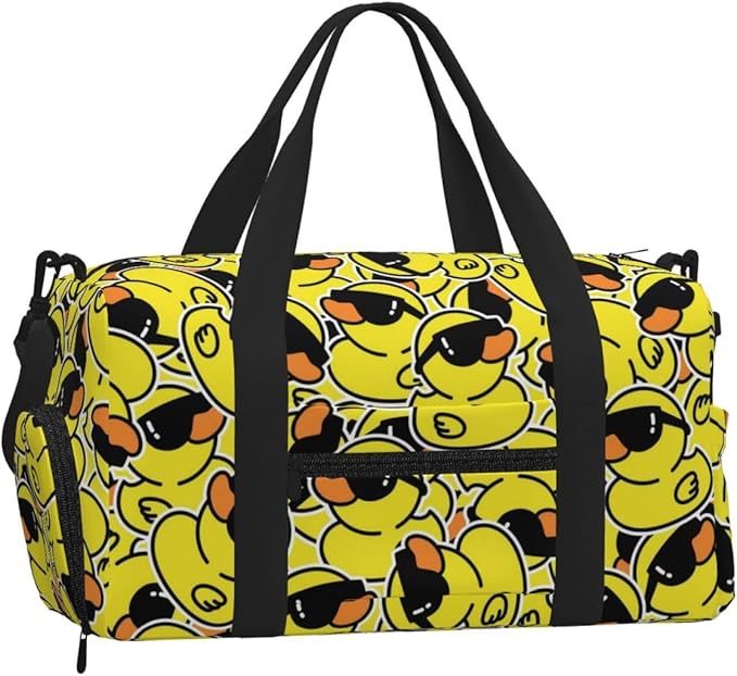 Cartoon Duck Sunglasses Sports Gym Bag For Men Women Travel Duffel Bag With Shoe Compartment Water Resistant Gym Bag Carry On Duffel Bag For Yoga Gym Sports Weekend Traveling