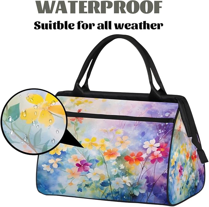 Travel Duffel Bag, Watercolor Painting Flower Waterproof Sports Gym Duffle Bag, Large Capacity Weekender Carry On Overnight Bags for Women Men