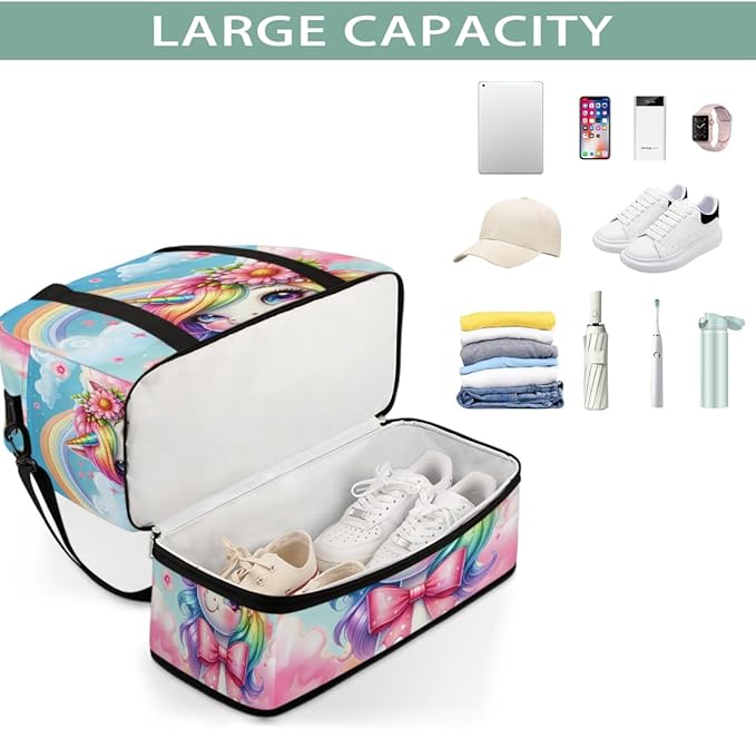 Rainbow Cute Animal Unicorn Large Weekender Bag with Shoe Compartment Travel Duffel Bags for Women Carry On Hospital Overnight Bag Foldable Personal Item Travel Bags Tote Gym Sports Airplanes