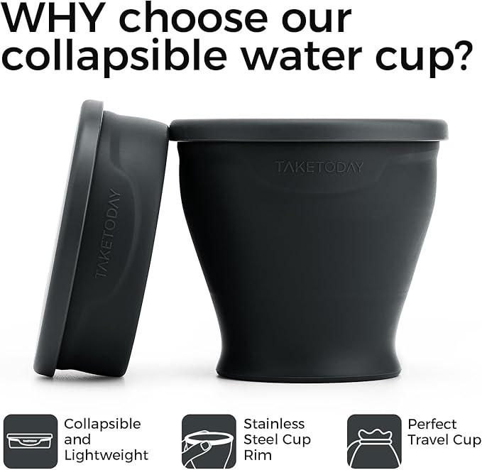 TakeToday Collapsible Travel Cup 8 oz - Silicone Foldable Water Cup, BPA-Free with Lid & Waterproof Bag - Drinking Cup Set for Camping, Outdoors & International Travel（ Charcoal）