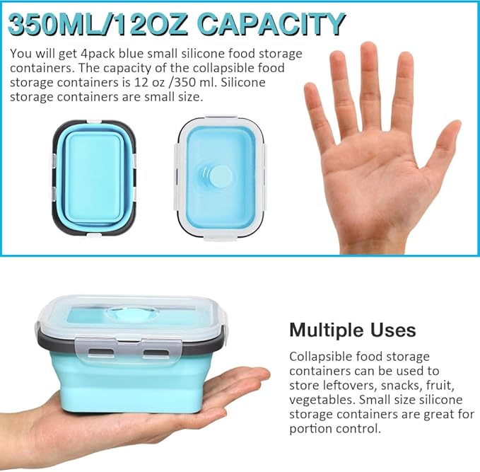 Collapsible Silicone Food Storage Container 4 Pack, Silicone Storage Containers for Snack, Fruit(Small, 12 Oz), Stackable, Space Saving, Portion Control(Blue)