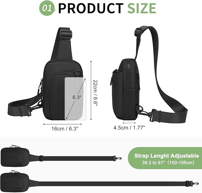 Mini Sling Bag for Men Women, Small Travel Fanny Packs Crossbody Anti Theft Reversible Nylon Chest Bag for Running Hiking (Black)
