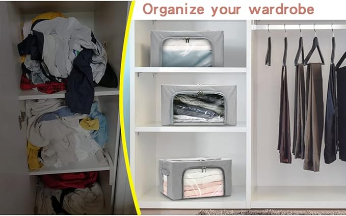 Stackable Clothes Storage Box for Clothing Gadgets,Steel Frame Storage Bins for Toys Gift,Foldable Oxford Fabric Closet Organizer Bag Set with Carry Handles Clear Window (Small- 22L x3 Pack, Grey)