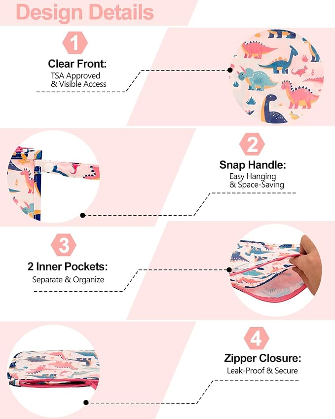 babygoal Clear Travel Organizer Bags 3 Pack, TSA Approved Mess-Proof Pouches with Snap Handle, Water-Resistant Toiletry Essentials for Baby & Mom (Dinosaur)