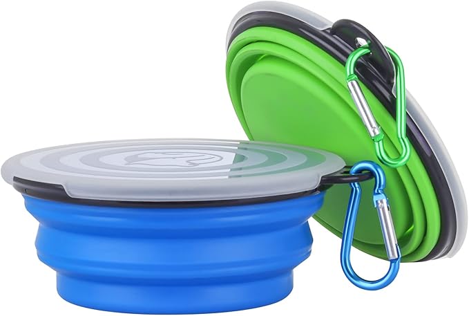 Collapsible Dog Bowl,2 Pack Portable and Foldable Pet Travel Bowls Collapsable Dog Water Feeding Bowls Dish for Dogs Cats and Small Animals,with Lids (Small, Blue+Green)