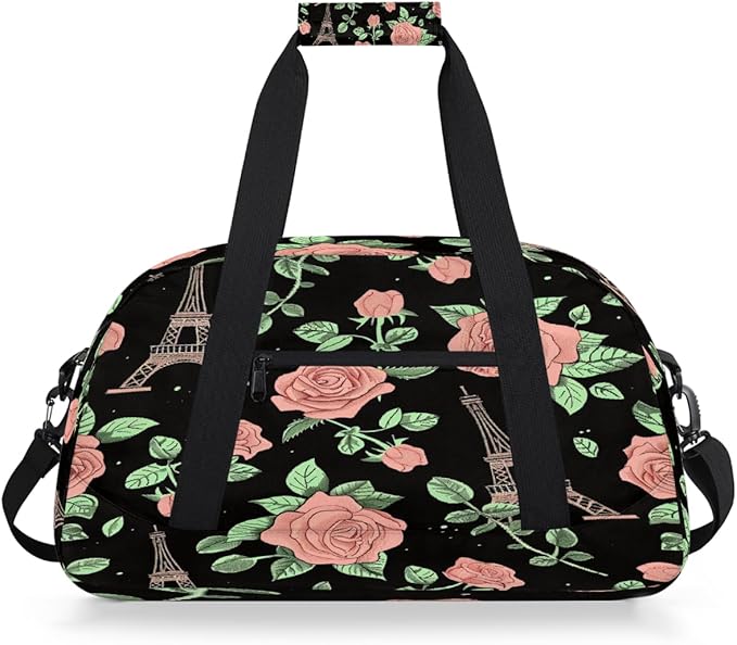 Sports Duffel Bags, Pink Rose Eiffel Tower Pattern Water-Resistant Gym Duffle Bag for Men Women, Lightweight Weekender Overnight Bag for Fitness, Workout, Travel