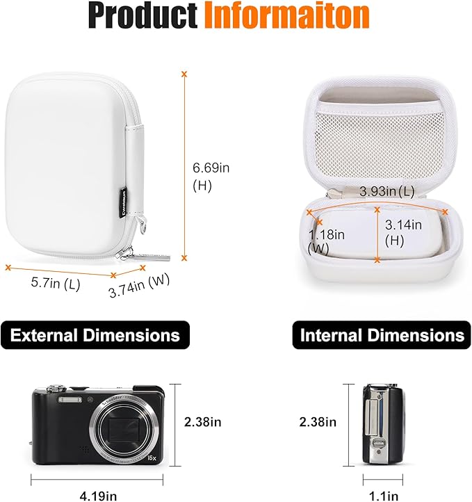 Cwatcun Digital Camera Case, Small Carrying Camera Pouch for AbergBest 2.7" LCD Kodak Pixpro/Canon PowerShot ELPH 180/190 / DSCW830 Travel Cameras, Waterproof Shockproof Case - Blacka WHITE