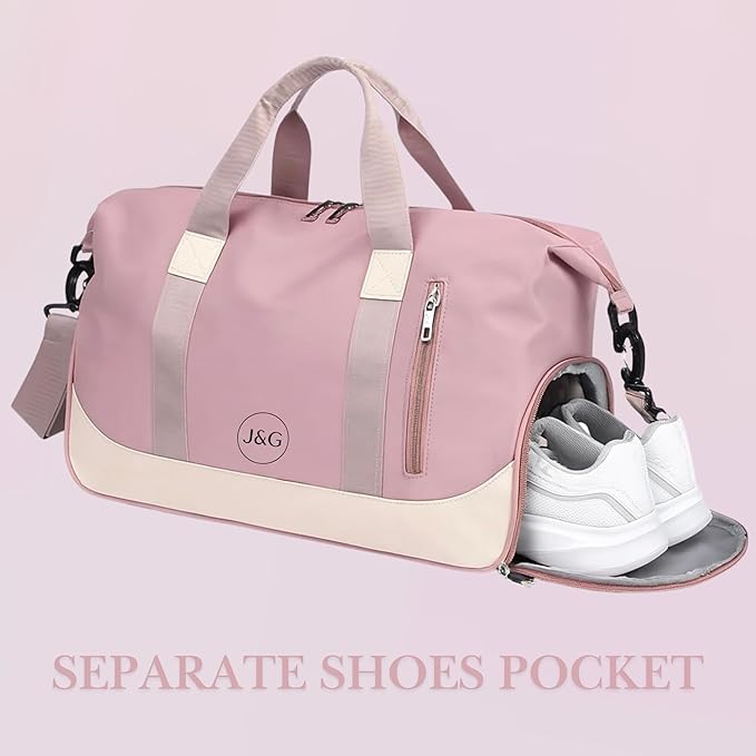J&G Waterproof Gym Duffel Bag – Lightweight Travel & Sports Bag with Shoe Compartment and Wet Pocket for Men & Women – Carry-On Weekender for Gym, Beach, Trips – 8 Colors (Pink)