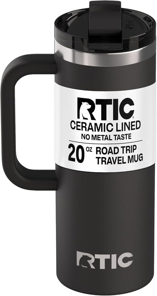 RTIC 20oz Road Trip Travel Mug with Lid and Handle, Ceramic Lined, Insulated, Stainless Steel, Metal, Double Wall Vacuum-Insulation, Portable Coffee, Tea Cup for Hot and Cold Drink, Midnight