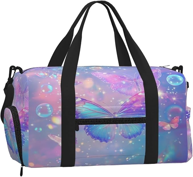 Sports Gym Bag Butterflies Bubbles Glittery Sparkly Travel Duffel Bag With Shoe Compartment Shoulder Strap, Lightweight Water-Resistant Weekend Overnight Totes For Women Men