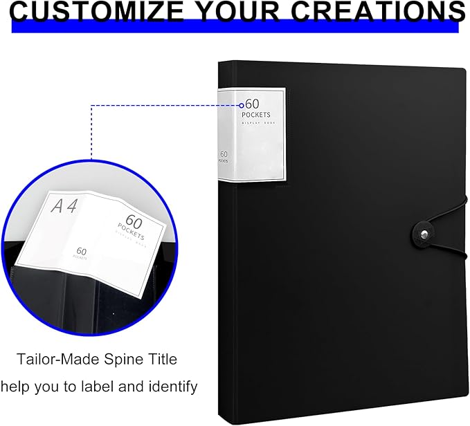 Presentation Binder with Clear Plastic Sleeves, Folder for Artwork, 60 Pockets Display 120 Pages of 8.5 X 11 or A4 Size Documents, Black