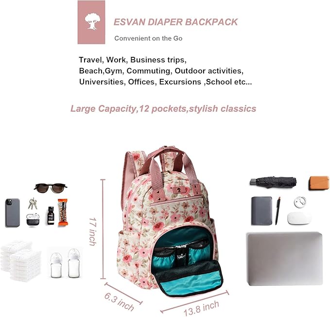 Diaper Bag Backpack, Large Capacity Multifunction Baby Essentials Fashion Travel Pack Linen Canvas office Laptop Bag (Corduroy Pink Flower)