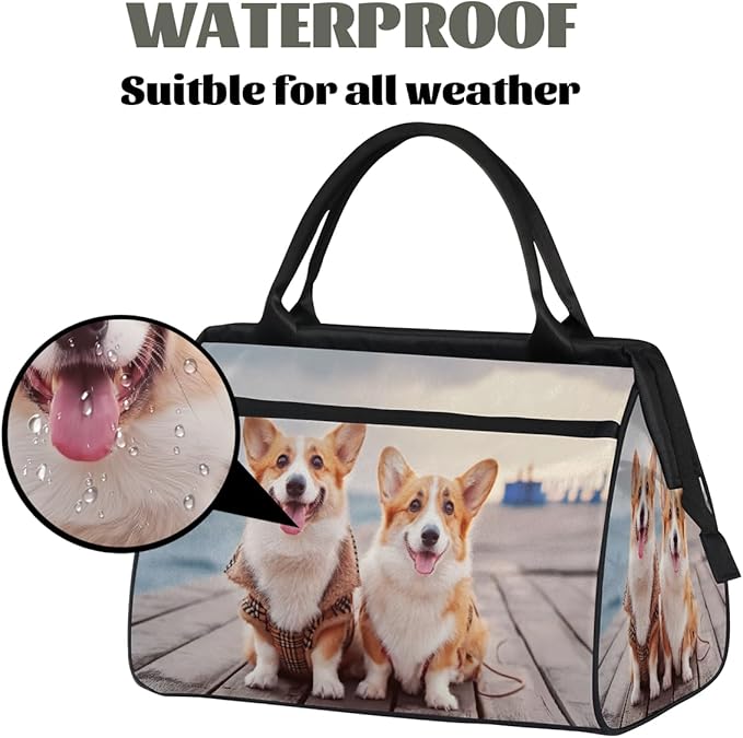 Gym Bag for Women Men, Two Cute Corgi Dogs Beach Pet Sports Duffel Bags, Waterproof Travel Weekender Overnight Carry On Tote Bags for Travel Sports