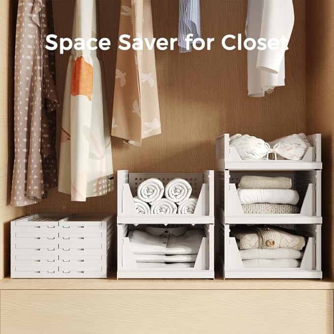 Pinkpum 5 Pack Stackable Plastic Storage Closet Organizers and Storage Bins Drawer Shelf Storage Container for Wardrobe Cupboard Kitchen Bathroom Office White