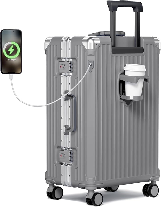 Krute No Zipper Carry On Luggage 20 Inch Suitcase with Wheels PC Aluminum Frame Zipperless Luggages with Cup Holder and Charger Hard Side TSA Approved Travel Suitcases