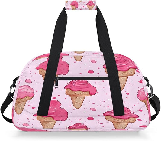 Sports Duffel Bags, Pink Ice Cream Water-Resistant Gym Duffle Bag for Men Women, Lightweight Weekender Overnight Bag for Fitness, Workout, Travel
