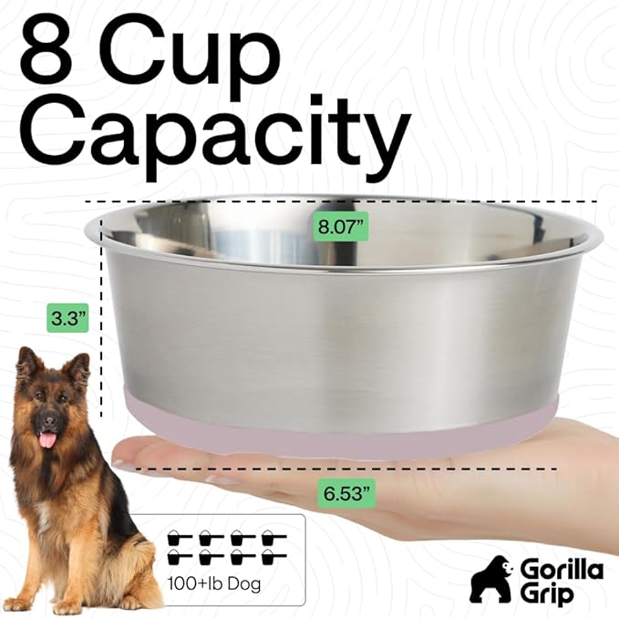 GORILLA GRIP Dog Bowls, Heavy Duty 304 Stainless Steel, Holds 8 Cups Each (64 fl oz) Food and Water Bowl for Feeding Dogs and Cats, Dishwasher Safe, Rust Resistant, BPA Free Rubber Base Set of 2 Pink