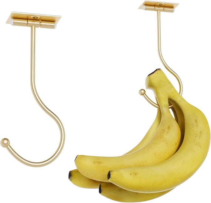 Modern Banana Hanger Hook Under Cabinet: Adhesive Banana Holder, Foldable with Magnets When Not in Use, Under Counter Banana Hook, Stainless, Hold 13 LB, Gold, 2 Pack
