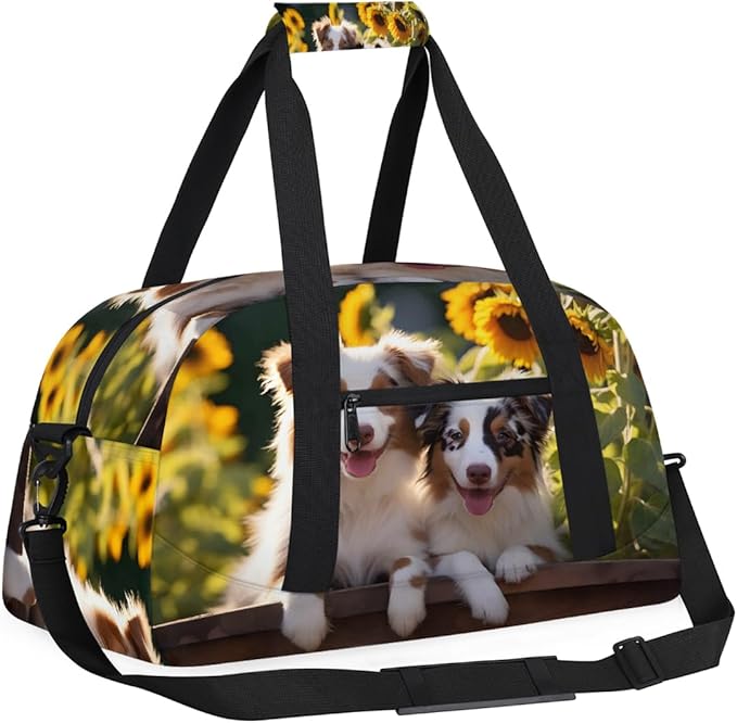 Travel Duffle Bag, Puppies By Sunflowers Waterproof Weekender Overnight Bags for Women Men Lightweight Carry on Duffle Gym Bag for Travel, Sports, Fitness, Workout