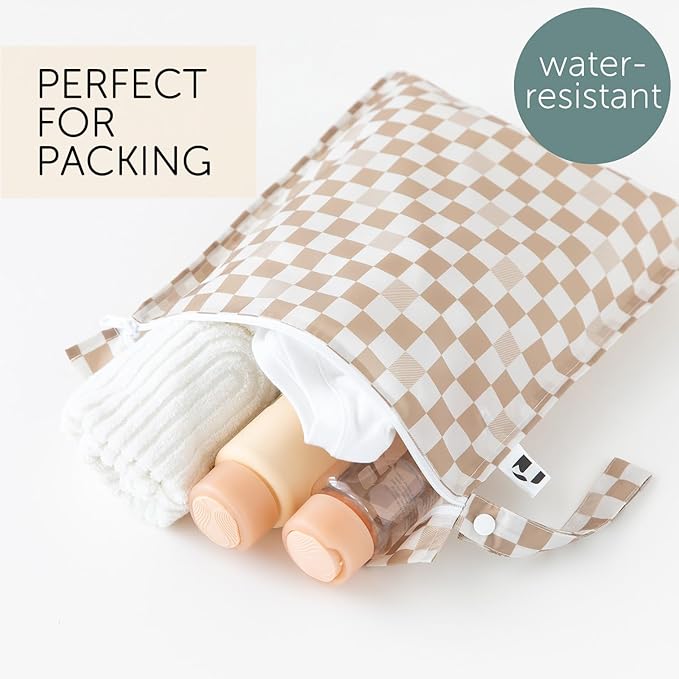 Bumkins Roamio Waterproof Wet Bag for Baby, Travel, Swim Suit, Cloth Diaper, Pump Parts, Pool, Gym Clothes, Beach, Toiletry, Hook to Stroller, Daycare, Zipper Reusable Bag, Wetdry Packing, Beige Check