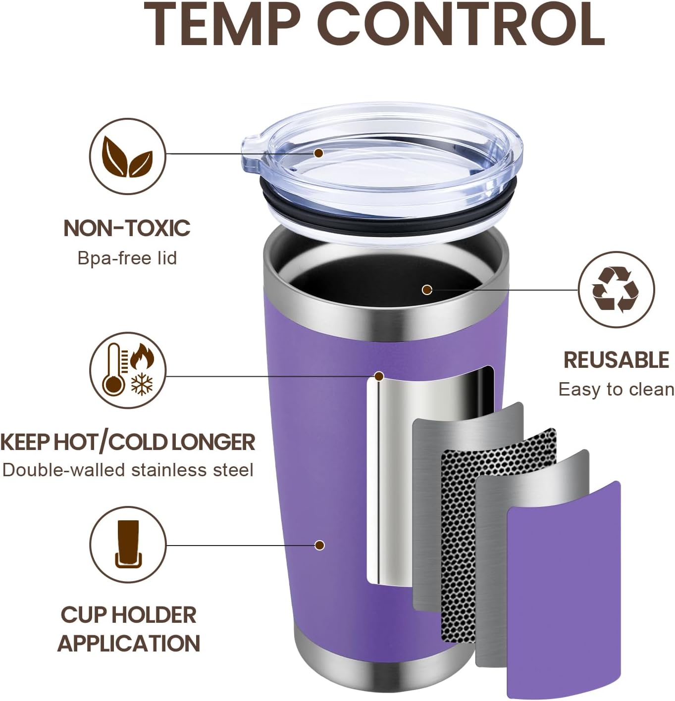 MEWAY 20oz Tumbler 8 Pack Double Wall Vacuum Insulated Travel Mug Bulk, Stainless Steel Tumblers with Lid and Straw, Durable Powder Coated Coffee Cups for Cold & Hot Drinks (Purple, 8)