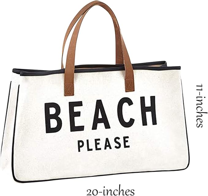 Santa Barbara Design Studio Womens Tote - Cotton Canvas Shoulder Bag with Leather Handles and Waterproof Lining, Large, Beach Please