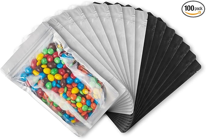 LZLPACKING 100 Pieces resealable Mylar Bags with Clear Front Window,Smell Proof Edible Packaging,Stand up Pouches for Food Storage(black,5×8 Inch/12.7 x 20.3cm)