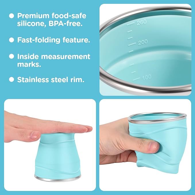 8.8oz/260ml Collapsible Silicone Cup with Lid,BPA-Free,304 Stainless Steel Rim,Portable Cup for Travel,Camping, Hiking,Outdoor Sports (Light Purple)