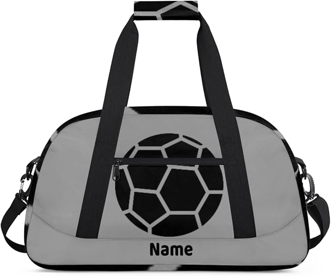 Custom Name Gray Black Soccer Boys Gym Travel Duffle Bag with Front Zipper Pocket Personalizedfor Sports Bag for Overnight, Weekender, Carry On,Workout & Dance, 18.9 * 8.7 * 10.6 in
