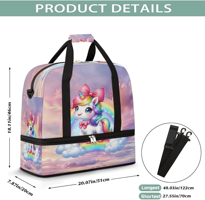 Rainbow Animal Unicorn Large Weekender Bag with Shoe Compartment Travel Duffel Bags for Women Carry On Hospital Overnight Bag Foldable Personal Item Travel Bags Tote Gym Sports Airplanes