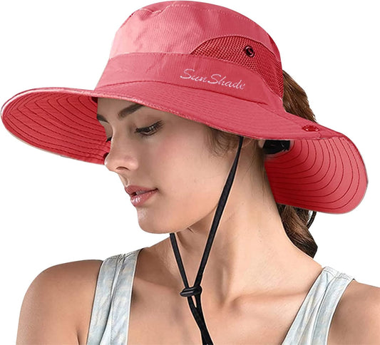 ZOORON Women's Ponytail Safari Sun Hat,Wide Brim UV Protection Outdoor Bucket Hat,Foldable Beach Summer Fishing Hat