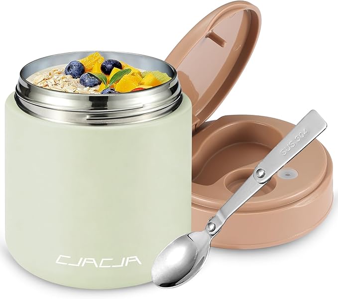 Insulated Food Jar for Kids - 15.2 Oz, Thermo for Hot Food, Soup Thermo, Insulated Food Container, Termos Para Comida Caliente, Width Mouth Stainless Steel Lunch Box with Spoon, Green