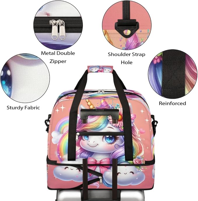 Rainbow Animal Unicorn Pink Large Weekender Bag with Shoe Compartment Travel Duffel Bags for Women Carry On Hospital Overnight Bag Foldable Personal Item Travel Bags Tote Gym Sports Airplanes