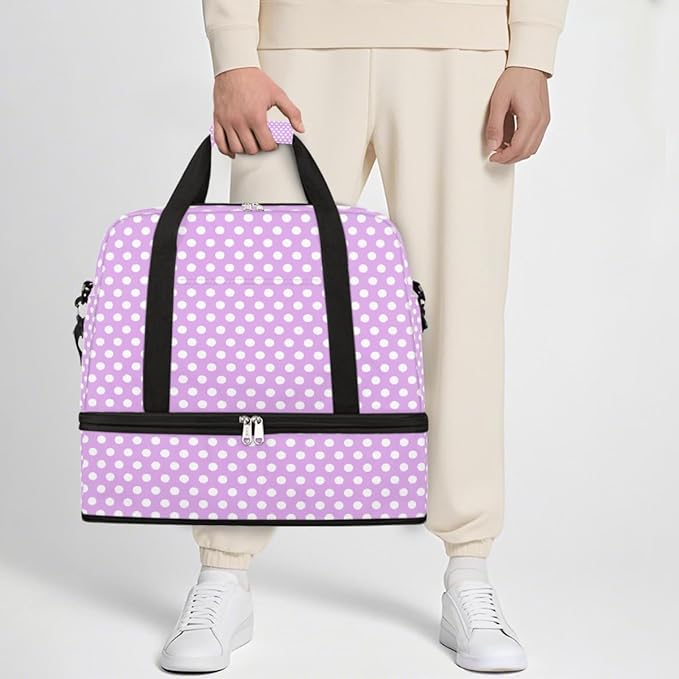 Purple White Polka Dot Large Weekender Bag with Shoe Compartment Travel Duffel Bags for Women Carry On Hospital Overnight Bag Foldable Personal Item Travel Bags Tote Gym Sports Airplanes