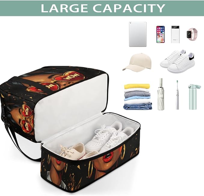 Foldable Travel Duffel Bag for Women - Carry on Personal Item Bag with Shoes Compartment, Weekender Overnight Duffle Bags Sport Tote Gym Luggage for Airplanes(Black Women Wow)