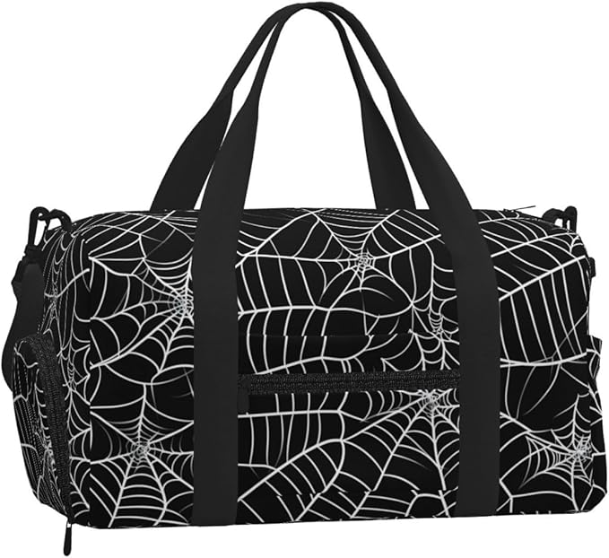 Sports Gym Bag Spiderweb Pattern Black Travel Duffel Bag With Shoe Compartment Shoulder Strap, Lightweight Water-Resistant Weekend Overnight Totes For Women Men