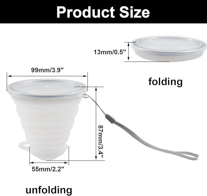 2 Pack Silicone Collapsible Cups for Camping Traveling, Small Portable Foldable Drinking Cup with Lid for Outdoor Hiking (270ml, Transparent/Gray)