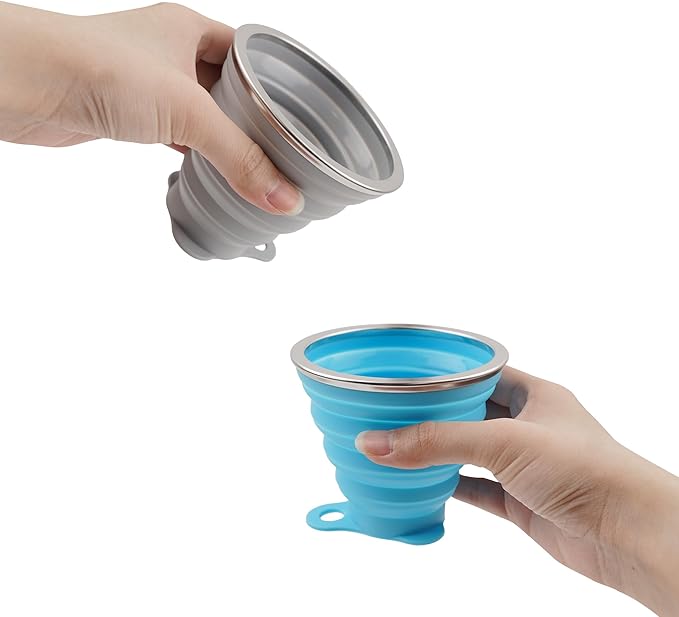 2 Pack Silicone Collapsible Travel Cup with Lids, Portable Folding Camping Cup Sets for Camping Hiking Outdoors Travel, Grey & Blue