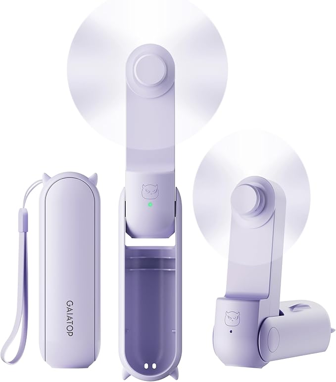 GAIATOP Portable Handheld Fan, 3 IN 1 Mini Foldable Travel Fans [17H Max Cooling Time] with Power Bank, Pocket Design USB Rechargeable for Travel Concert Lash Makeup Summer Gifts for Women Girl Purple