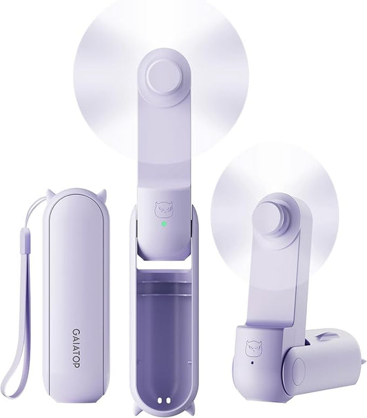GAIATOP Portable Handheld Fan, 3 IN 1 Mini Foldable Travel Fans [17H Max Cooling Time] with Power Bank, Pocket Design USB Rechargeable for Travel Concert Lash Makeup Summer Gifts for Women Girl Purple