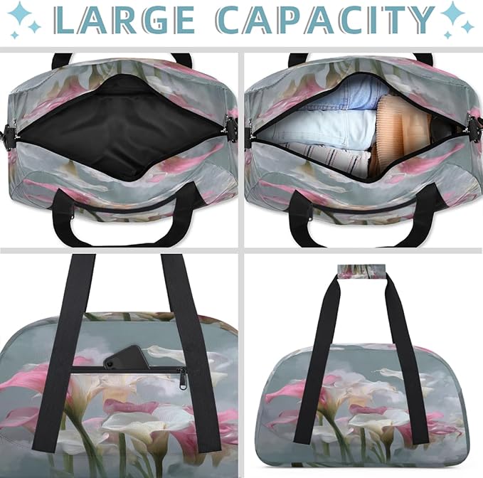 Kids Duffle Bag Girls Boys Watercolor Pink White Calla Lily Flowers Weekender Overnight Bag,Lightweight Duffel Bags for Traveling Gym Sport Dance